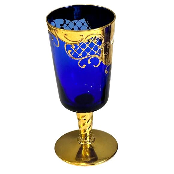 Tre Fuochi Venetian Murano Cobalt Blue Enameled and 24K Gold Decanter+6 Goblets - Picture 9 of 12